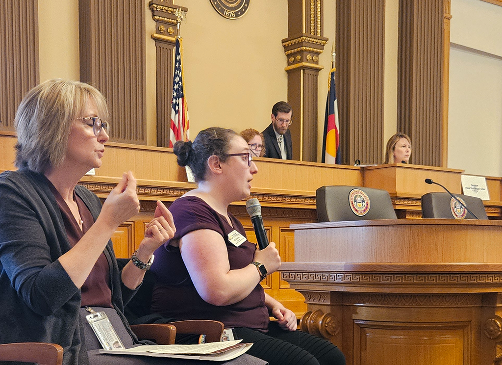An ASL interpreter and a staff member giving testimony during a government hearing, with officials seated at the front of the chamber